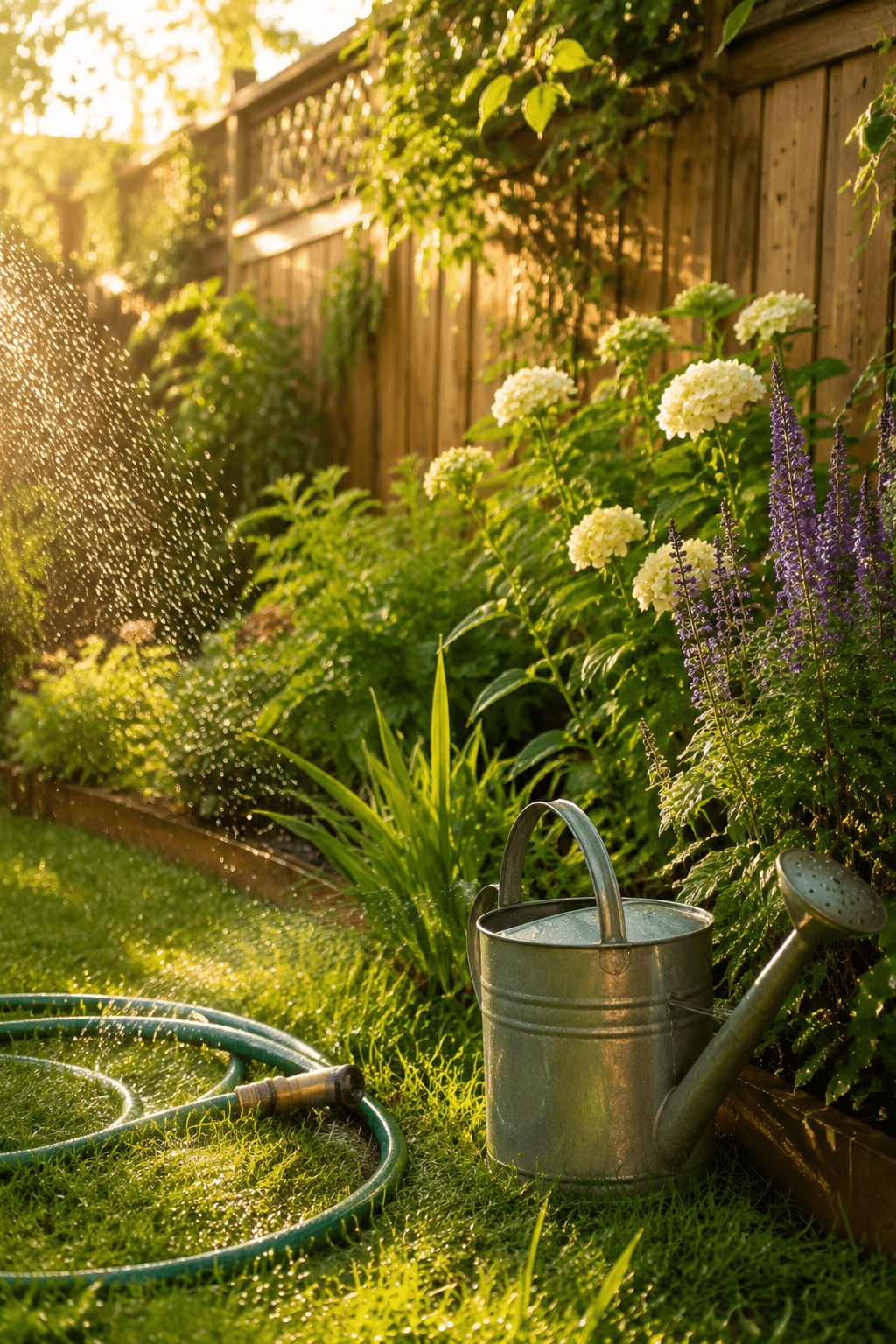 Sunlit garden watering scene